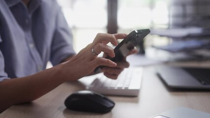 Woman using smartphone online searching on internet