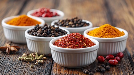 Organic spices and natural sweeteners in small bowls on a wooden table macro lens high detail sharp focus high resolution clean colors