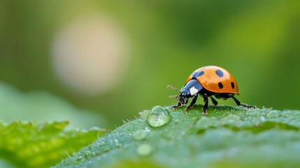 Fototapeta premium A ladybug perched on a green leaf, its back legs and legs dotted with water droplets