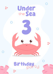 Under-the-sea third birthday card for kids. Adorable invitation with a red crab and pink corals in soft, gentle colors.