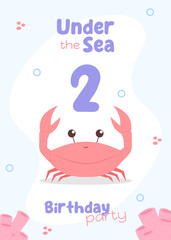 Marine life second birthday invitation. Cute under-the-sea card for children's party with red crab and pastel pink corals.