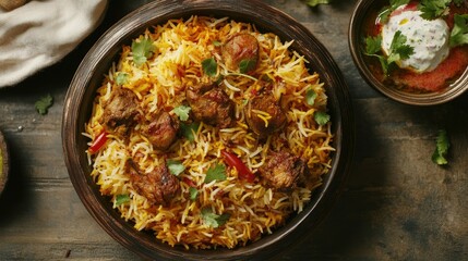An authentic Dum Handi mutton biryani, with a side of raita and salad, on a rustic table setting.