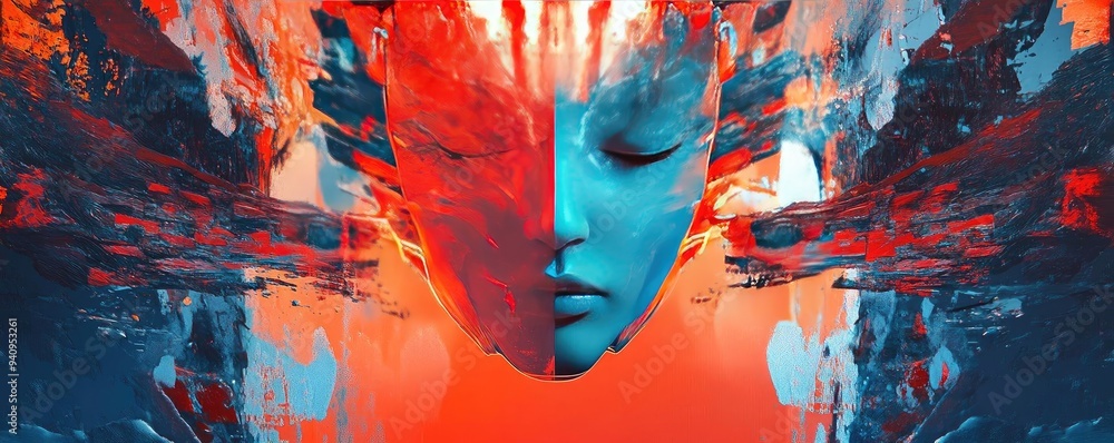 Poster A mesmerizing abstract composition featuring a serene face emerging from vivid colors and textures, evoking emotions and thoughts.