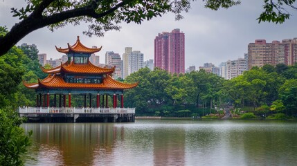 Obraz premium Traditional Chinese Pagoda Overlooking a City Lake