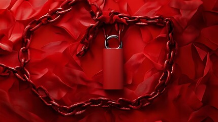 A red padlock surrounded by a chain and red fabric.