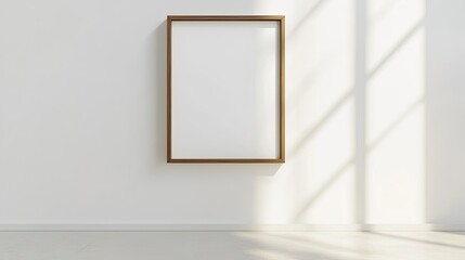 An empty photo frame hanging on a blank white wall, exuding minimalist charm and modern design.