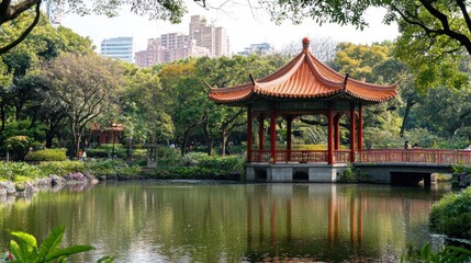 Tranquil Chinese Garden with a Red Pagoda