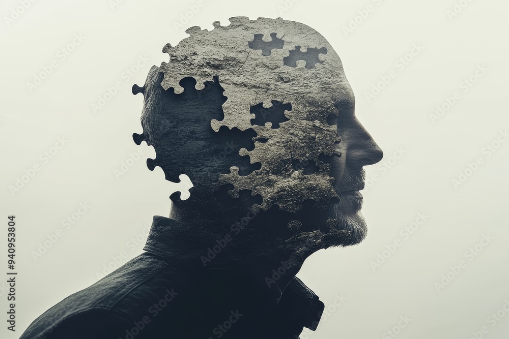 Poster abstract silhouette of a man with puzzle pieces on a dark background: exploring cognitive thought me
