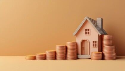 A charming miniature house model with rising stacks of coins, symbolizing real estate investment and financial growth.