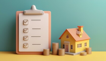A checklist next to a small house and coins, symbolizing financial planning and home ownership.