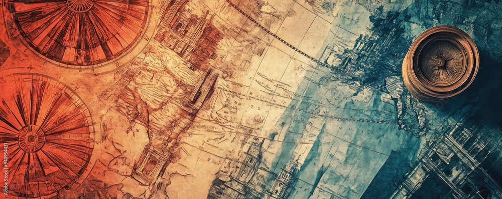 Poster Vintage map and compass create an adventurous atmosphere, perfect for travel themes and exploration projects.