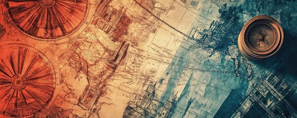 Fototapeta premium Vintage map and compass create an adventurous atmosphere, perfect for travel themes and exploration projects.