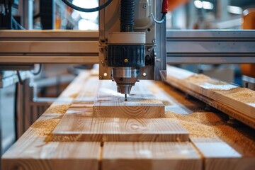 A machine is working on a piece of wood, possibly in a woodworking shop or home workshop