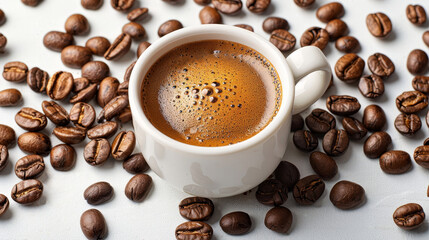 Aromatic Espresso in White Cup with Coffee Beans Scattered Around on White Background