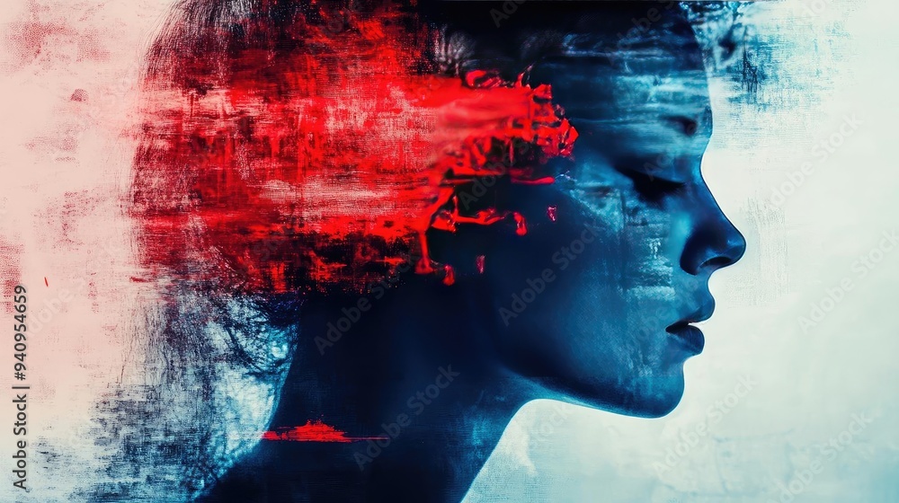 Poster a striking abstract portrait showcasing a profile with a vibrant overlay of colors, evoking emotion 