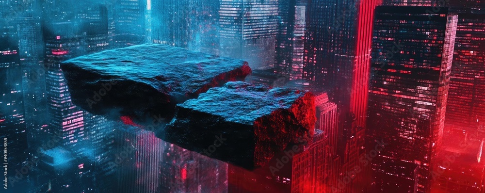 Poster a futuristic cityscape featuring a hovering structure enveloped in vibrant blue and red lights, crea