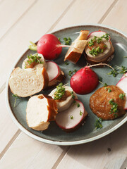 White sausage with sweet mustard and pretzel served as finger food