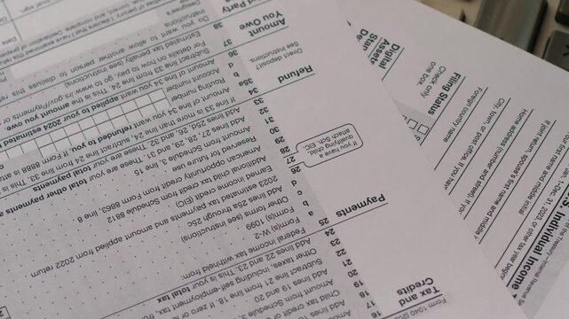 concept of paying personal taxes, tax return sheets 1040 and vintage push button calculator rotation close up, filing tax return