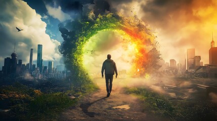 Fototapeta premium Man Walks Toward Glowing Portal Between Two Worlds