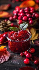 Homemade cranberry sauce in a glass jar surrounded by fresh cranberries and autumn leaves on a rustic wooden table.