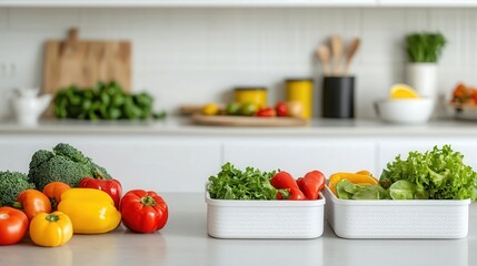 A minimalist kitchen scene with textured containers and fresh produce, illustrating a clean, consistent diet routine where texture plays a key role in meal planning