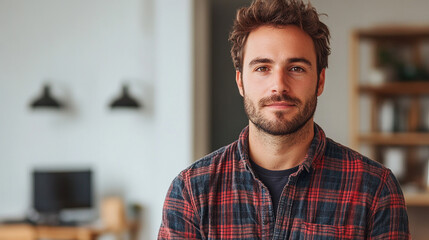 Obraz premium European man in plaid shirt standing on white background