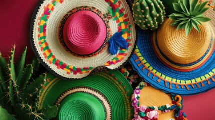 Brightly colored Mexican sombreros and green cacti, a cheerful combination for any Cinco de Mayo event.