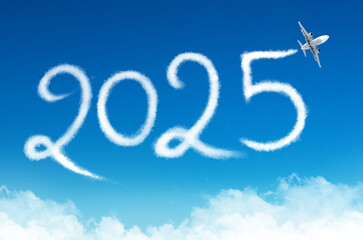 Happy New year 2025 concept enjoy travel on the blue background below cloudscape. Drawing by...