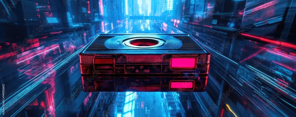 Poster futuristic data storage device in a vibrant digital environment, showcasing advanced technology and 