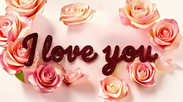 Romantic I LOVE YOU message with roses and floral petals on festive background for Valentine's Day. Concept of relationships. Greeting card, postcard, cute valentine, declaration of love.