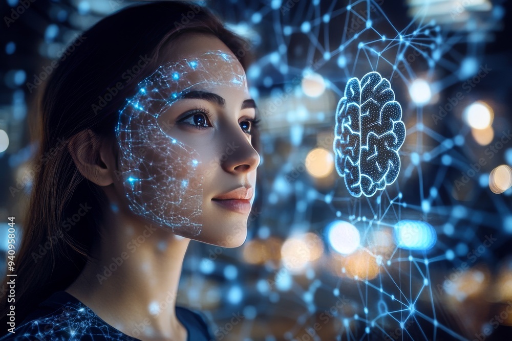 Poster digital portrait of a woman with a glowing brain and neural connectivity: exploring the intersection