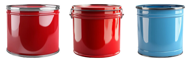 Large metal buckets set isolated on transparent background industrial containers