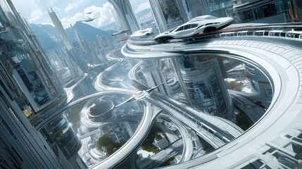 Futuristic Cityscape with Flying Cars and Skyways