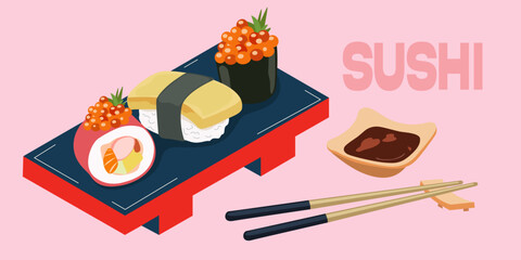Food icons. Asian food sushi on wooden board for restaurants menu. Vector flat set of different types of sushi, soy sauce and wooden traditional chopsticks for Asian cuisine