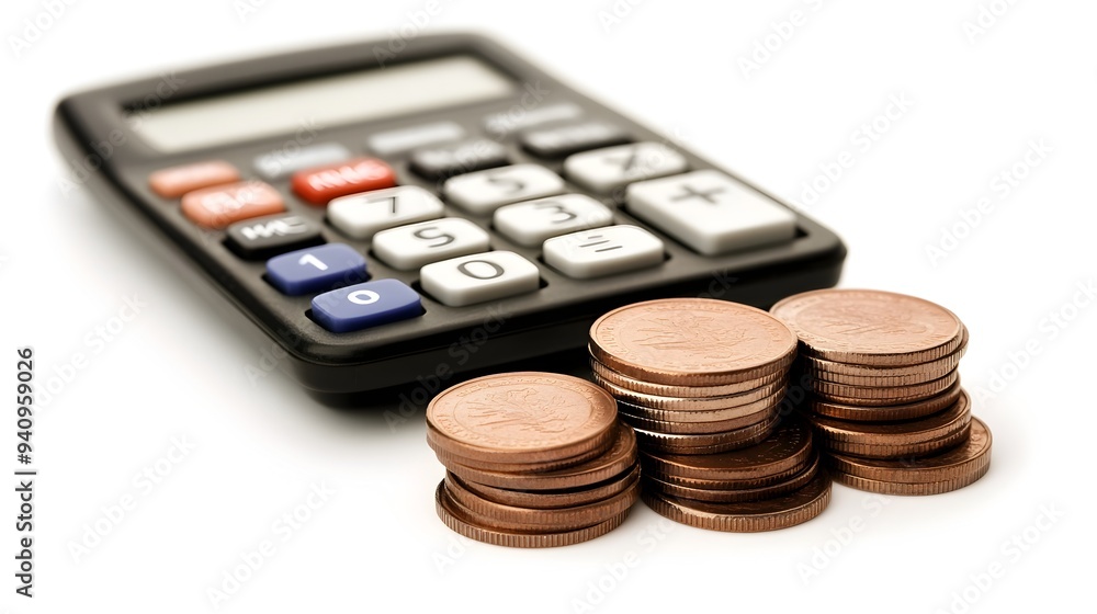 Poster closeup of a calculator and a stack of coins isolated on a clean white background representing finan