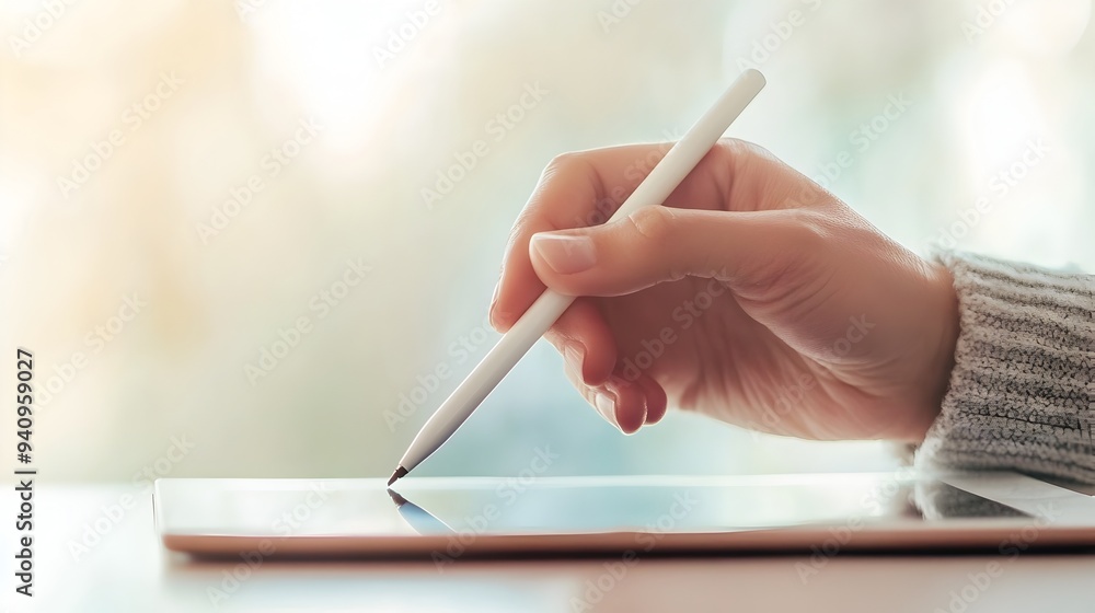 Poster closeup view of a human hand holding a stylus hovering over the surface of a digital tablet isolated