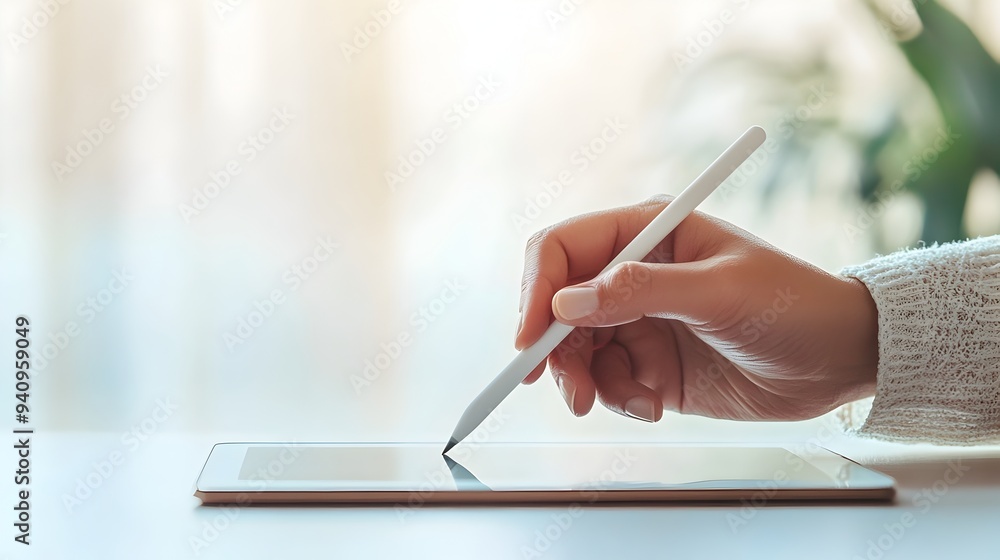 Poster closeup of a hand holding a stylus digital pen hovering over a blank digital tablet isolated against