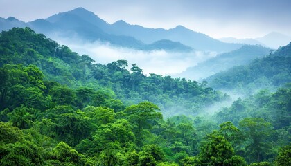 Lush green rainforest with mist-covered hills and distant mountains, creating a serene and mystical landscape.