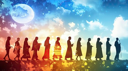 Diverse silhouettes with distinct religious symbols, embodying the concept of multiculturalism and interfaith dialogue.