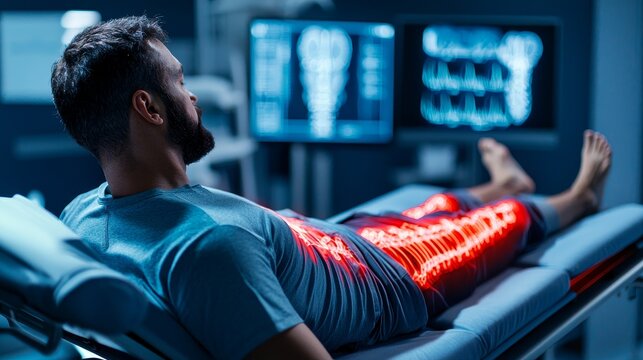 Image of a patient lying on an inversion table, Discomfort, Physical care for spinal relief