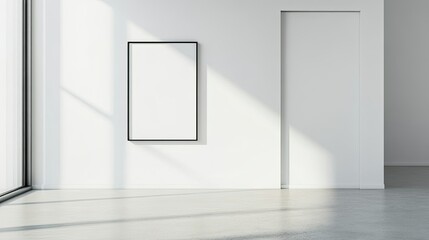 Elegant, empty photo frame on a stark white wall, creating a minimalist and modern visual focus.
