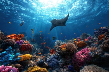 An enchanting scene of a sunlit manta ray gliding effortlessly over a multi-colored coral reef, highlighting the radiant beauty and diversity of underwater life.