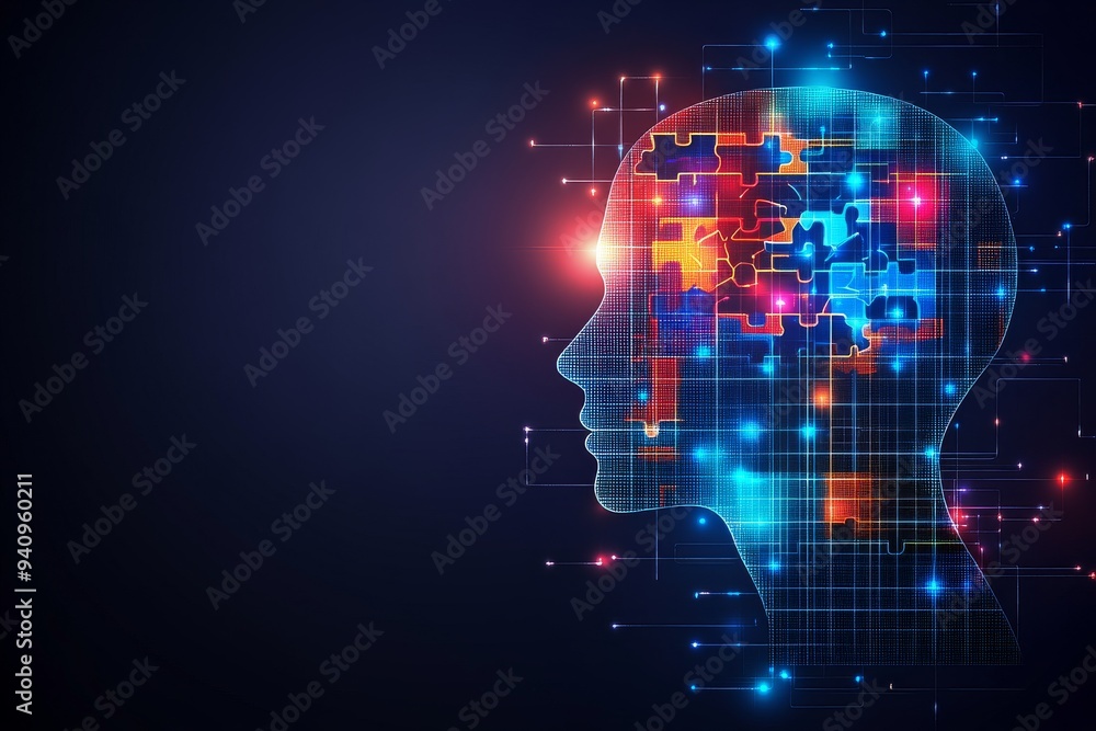 Poster digital representation of human brain illuminated with vibrant neon colors illustrating concept of a