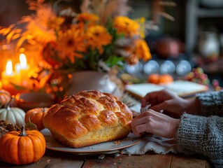 Fototapeta premium Hands breaking fresh bread on a rustic table, surrounded by autumn decorations, flowers, and pumpkins, creating a cozy fall atmosphere.
