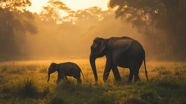 Elephant mother and calf walking through Kaziranga forested terrain, with the pregnant matriarch leading under a setting sun.