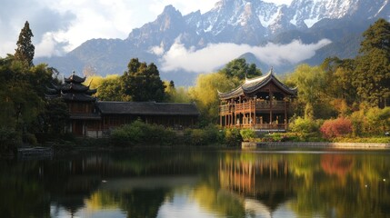 Fototapeta premium Serene Pagoda and Mountain Reflections