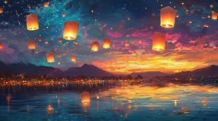 Obraz premium Floating lanterns soar through the colorful night sky of the Mid-Autumn Festival, painting a picture of peace and celebration.