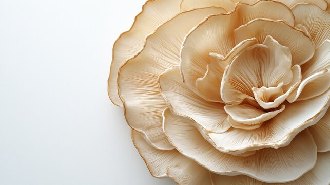 Close-up of a maitake mushroom with frilly edges and layered structure on a white background, featuring empty space for text