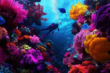 Fototapeta premium This underwater scene captures a diver exploring a vibrant coral reef teeming with various colorful marine life, emphasizing the beauty of oceanic biodiversity.