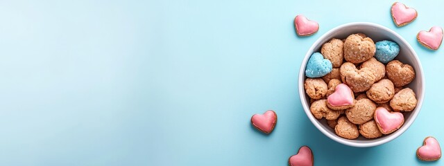  A blue table holds a bowl of heart-shaped cookies, accompanied by pink and blue individual heart-shaped cookie variants nearby